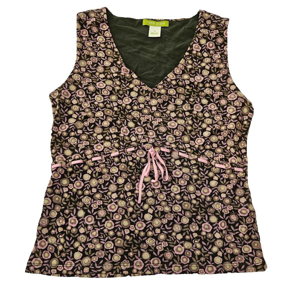 Sigrid Olsen Women's Sz M Vintage Brown & Pink Y2K Floral Mesh Babydoll Tank Top